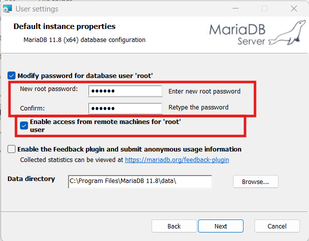 شاشة تثبيت قاعدة بيانات MariaDB